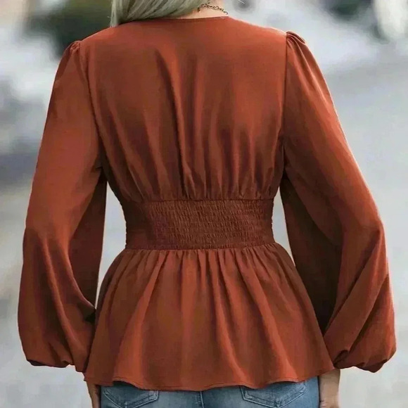 Rust Brown Elegant Women's Wrap Neckline Lantern Sleeve Blouse With Ruffle Hem - Picture 3 of 6